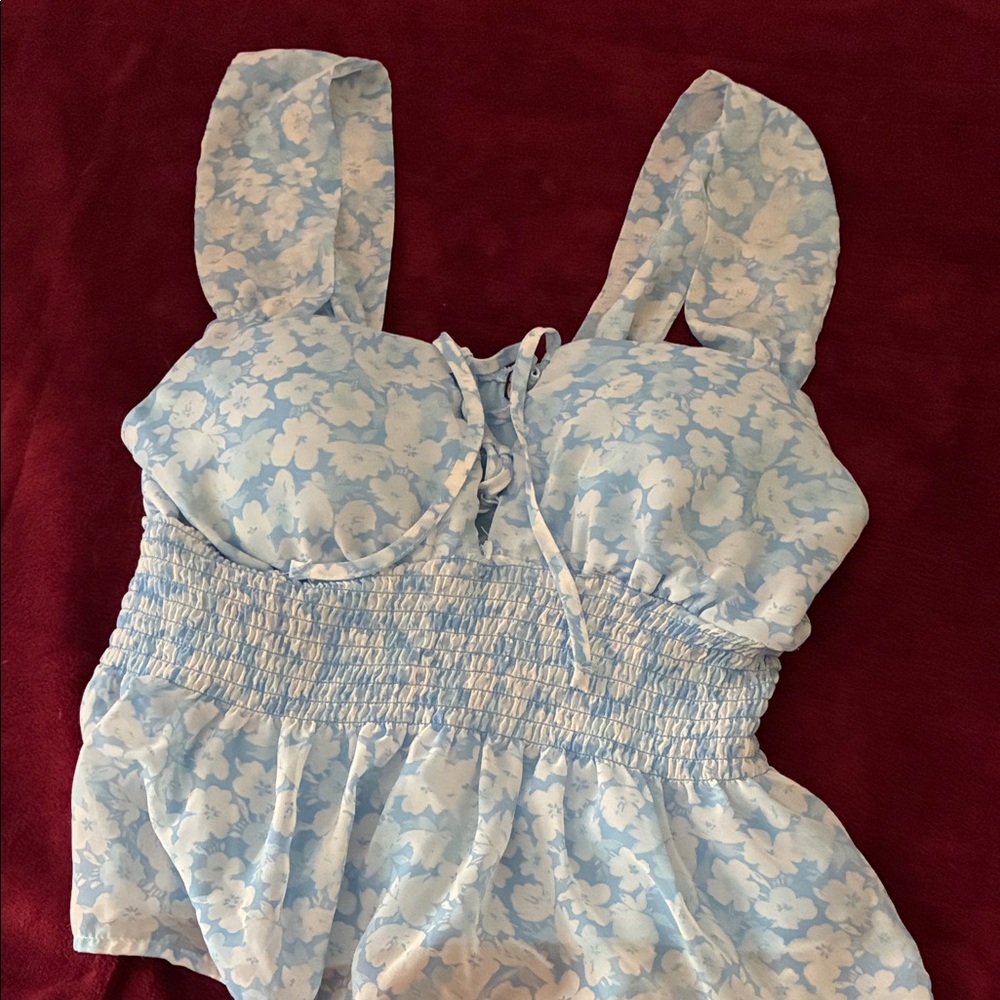 Light Blue Floral Smocked Bust Tank Top